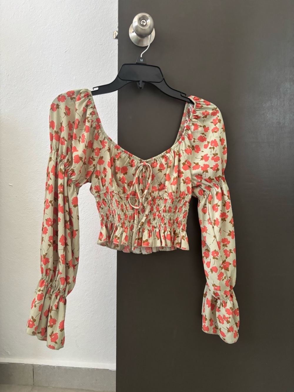 SHEIN Floral Puff Sleeve Milkmaid Crop Top - Green & Orange - Size S - Picture 3 of 5